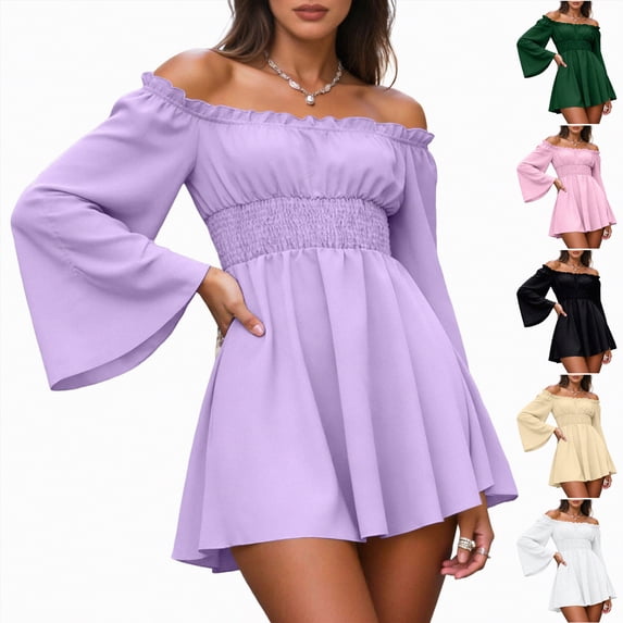 vigerkar Off Shoulder Dresses for Women Puff Sleeve Ruffle Dress Long Sleeve Flowy Layered Fairy Dresses (Pink, XXL)