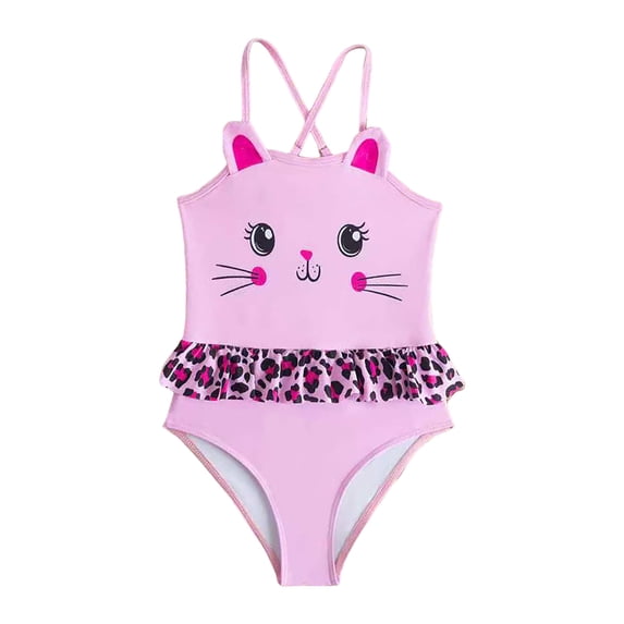 vigerkar One Piece Swimwear for Kids Girls Cute Kitty Spaghetti Straps Ruffles Bathing Suits Beachwear (Pink, 3-4 Years)