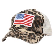 vigerkar Oversize American Flag Embroidered Washed Trucker Mesh Cap Beige, One Size