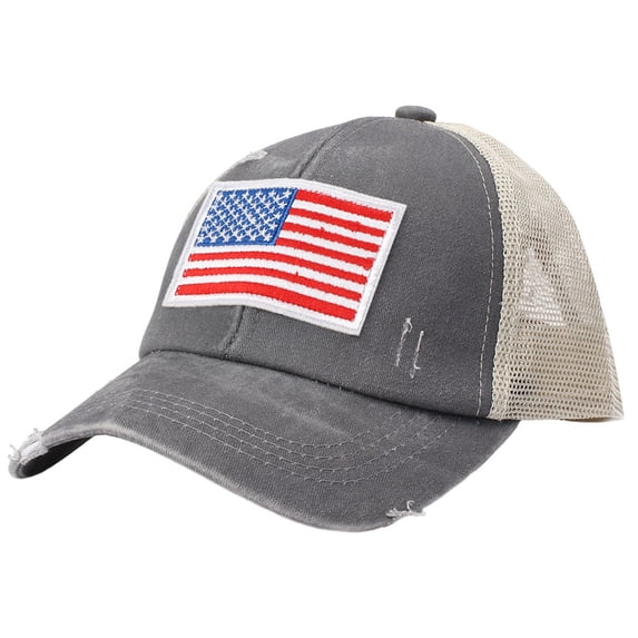 vigerkar Oversize American Flag Embroidered Washed Trucker Mesh Cap (Light Gray, One Size)
