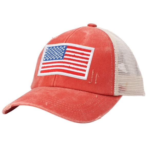vigerkar Oversize American Flag Embroidered Washed Trucker Mesh Cap (Orange, One Size)