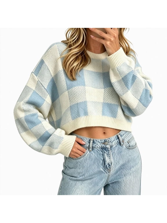 Oversized Cropped Sweater for Women Color Block Pullover, Cute Fall Long Sleeve Crop Top Checkered Winter Knit Trendy Fashion (Sky Blue, L)