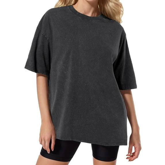vigerkar Oversized Vintage t Shirts for Women Short Sleeve Cotton Casual Baggy Tees Trendy Crew Neck Loose Tops 2025 Black, L
