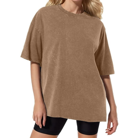 vigerkar Oversized Vintage t Shirts for Women Short Sleeve Cotton Casual Baggy Tees Trendy Crew Neck Loose Tops 2025 Khaki, L