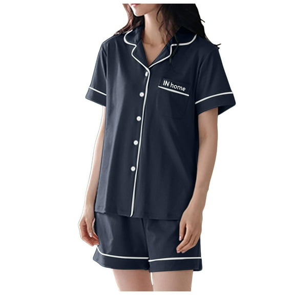 vigerkar Pajama Set for Women 2 Piece Lounge Set Short Sleeve Tops and Shorts Soft Sleepwear, Chest Pocket Navy, M