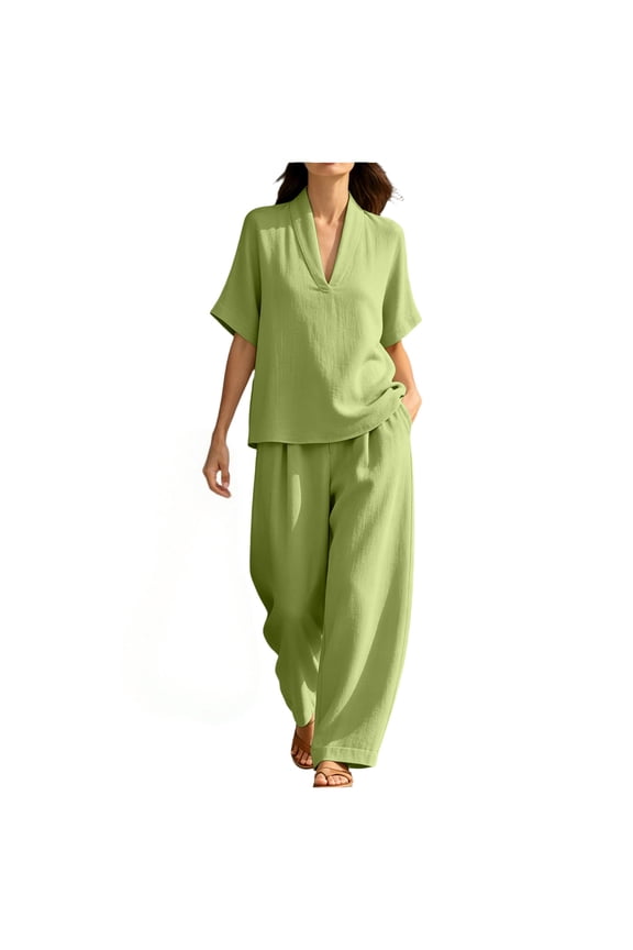 Palazzo Pants Sets Women 2 Outfits Size V Neck 3/4 Sleeve Blouse Loose Wide Leg Pants Summer Casual Sets (Green, 3XL)