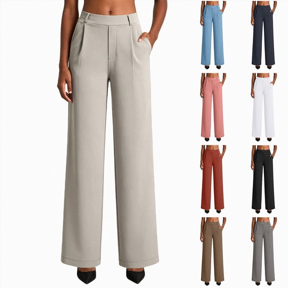 vigerkar Pants Wide Leg Stretchy Work Pants High Waisted Pull-On Casual Trousers with Pockets Elastic Waist (White, XL)