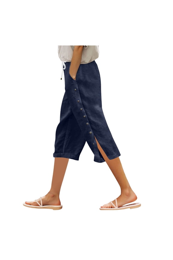 Pants for Women Side Button Capri Pants Casual Loose Fit Lounge Beach Pant with Pockets (Navy, L)