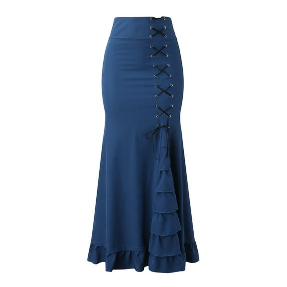 vigerkar Pencil Skirt for Women Vintage Lace up Tiered Ruffle Maxi Skirts High Waisted Long Mermaid Fishtail Skirt Blue, XXL