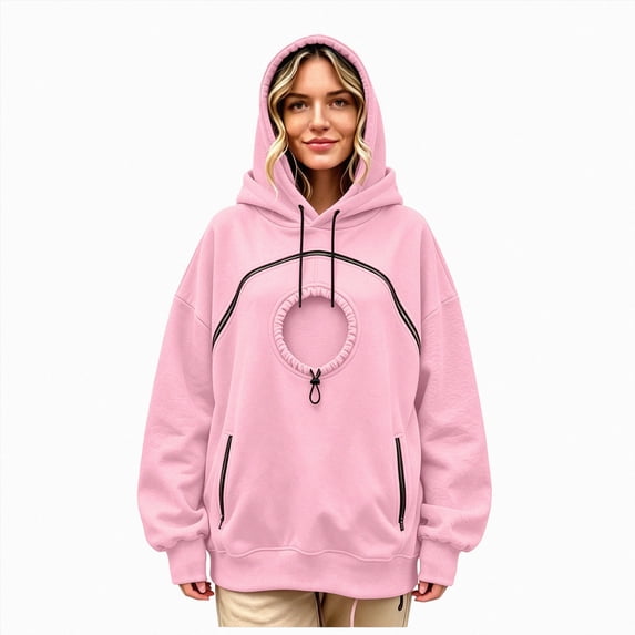 vigerkar Pet Pouch Hoodie Cat Dog Carrier Kangaroo Sweatshirt Women, Pull Pocket Side Zip Pocket Drop Shoulder Big Size Front Pet Rest Holder Snack Hoodie (Pink, L)