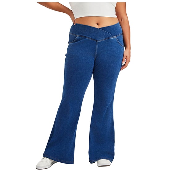 vigerkar Plus Size Flare Jeans for Women Crossover High Waisted Bell Bottom Jeans Trendy Yoga Pants Stretchy Flare Leggings with Pockets (BU2, XL)