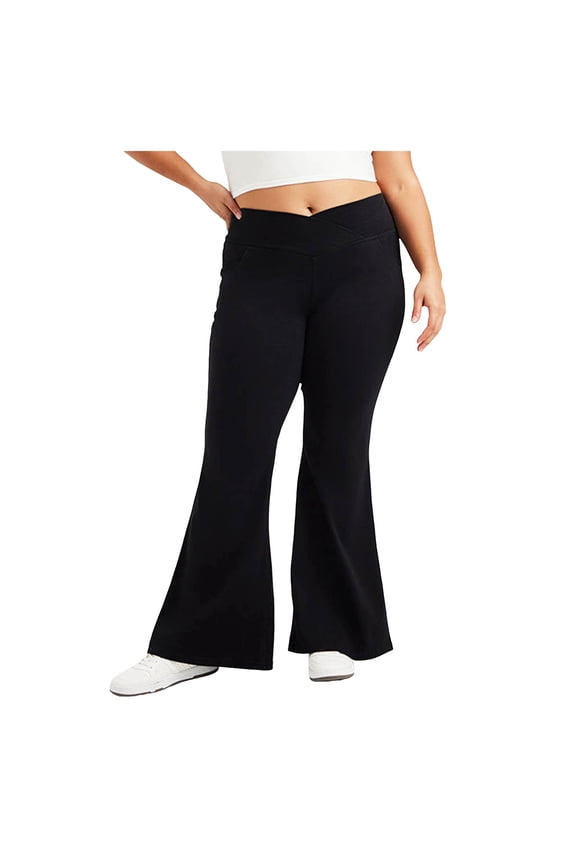 Plus Size Flare Jeans for Women Crossover High Waisted Bell Bottom Jeans Trendy Yoga Pants Stretchy Flare Leggings with Pockets (Black, 3XL)