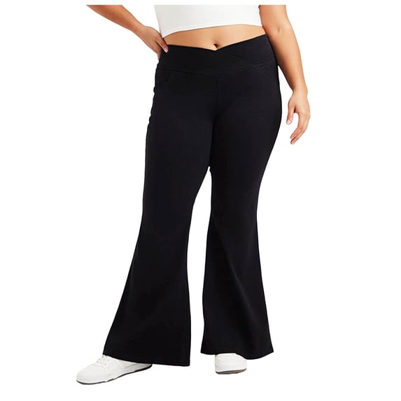 vigerkar Plus Size Flare Jeans for Women Crossover High Waisted Bell Bottom Jeans Trendy Yoga Pants Stretchy Flare Leggings with Pockets (Black, XXL)