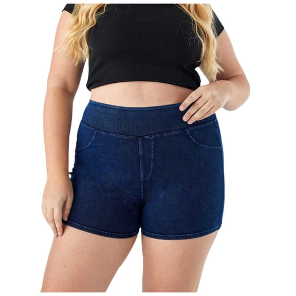 vigerkar Plus Size Jean Shorts for Curvy Women Tummy Control Stretchy High Elastic Waist Skinny Sexy Denim Shorts (Blue, 3XL)