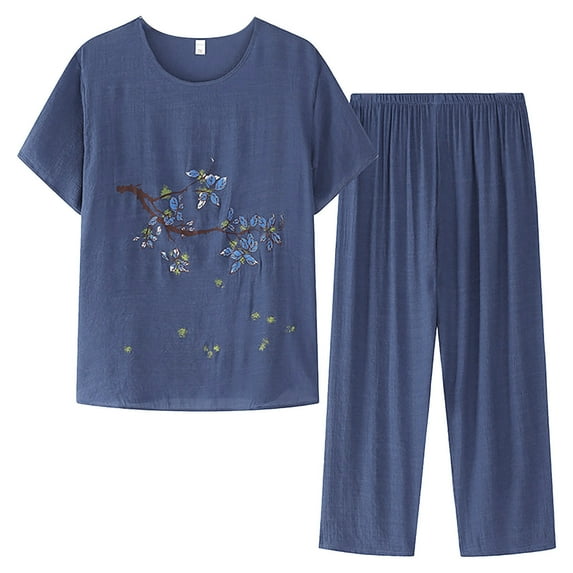 vigerkar Plus Size Lounge Sets for Women Casual Summer Two Piece Outfits Cotton Linen Sets Short Sleeve Tops and Capri Pants Blue, XL