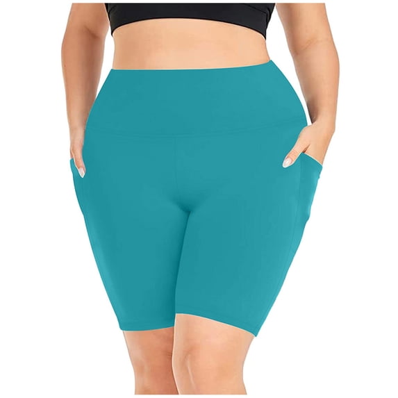 vigerkar Plus Size Shorts for Women Stretch High Waist Workout Yoga Short Leggings with Pocket Summer Fashion Fitness Shorts Light Blue, XL