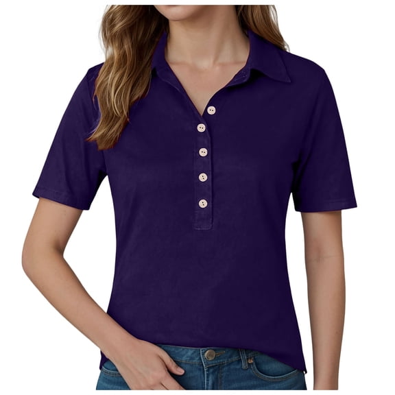 vigerkar Polo Shirts for Women 2025 Summer Tops Dressy Casual Ladies Button Down Blouses Trendy Short Sleeve Tshirts Clothes Purple, M