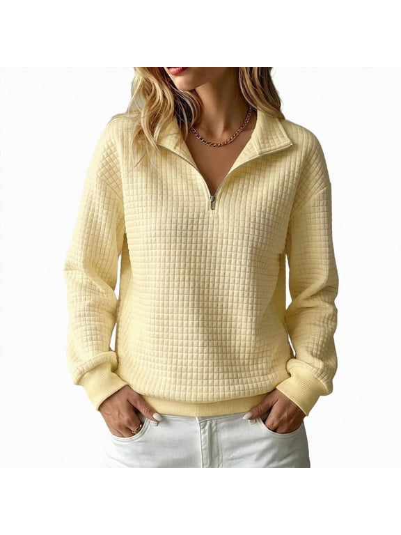 Quarter Zip Sweatshirt Women Collared Waffle Knit Oversized, 1/4 Zipper Ribbed Cuffs Drop Shoulder Workout Fall Pullover (Yellow, S)