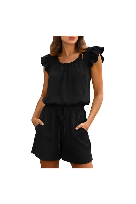 Rompers for Women 2026 Summer Ruffle Sleeves Square Neck Drawstring Casual Jumpsuits with Pockets (Black, XL)