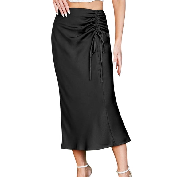 vigerkar Satin Skirts for Women High Waisted Summer Midi Skirt Dressy Casual Black, XL