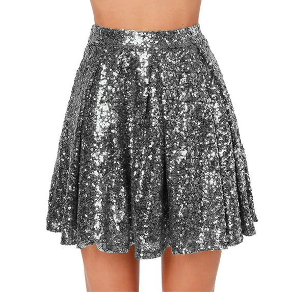 vigerkar Sequin Mini Skirt for Women Versatile A-line Basic Stretchy Flared Casual Skirt Grey, XXL
