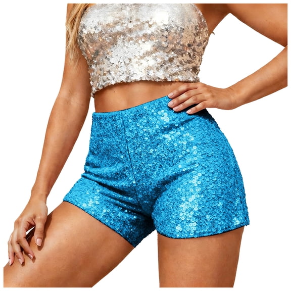 vigerkar Sequin Shorts for Women High Waist Party Night Out Concert Outfit Sparkly Mini Shorts (Sky Blue, L)