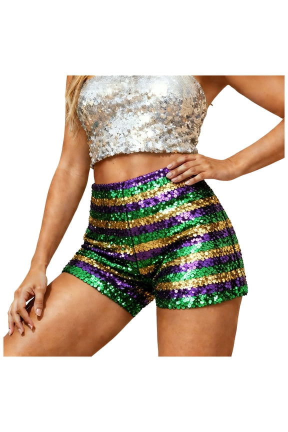 Sequin Shorts for Women High Waisted Stretchy Glitter Belly Dance Jazz Hip Mardi Gras Party Clubwear (Green, L)