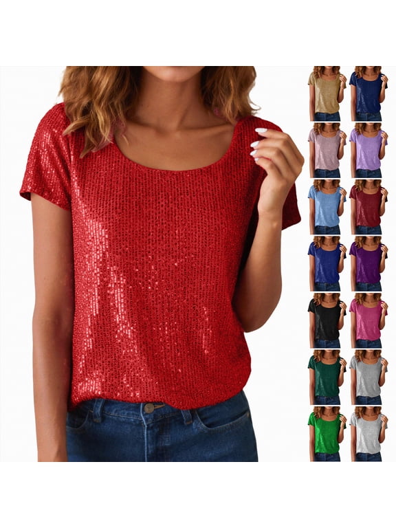 Sequin Tops for Women Crewneck Party Sparkly Slimming Tunics Tops (White, S)