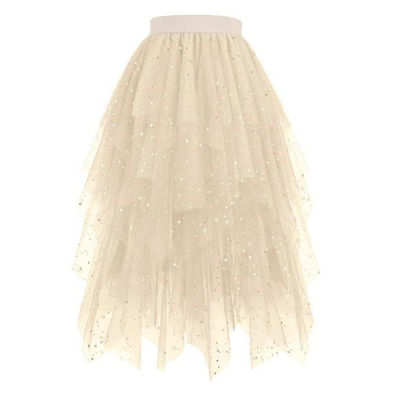 vigerkar Sequin Tulle Skirts for Women Long Sequin Skirt Tutu High Low Skirt Sparkly Layered Elastic Waist A-Line Skirt Beige, M