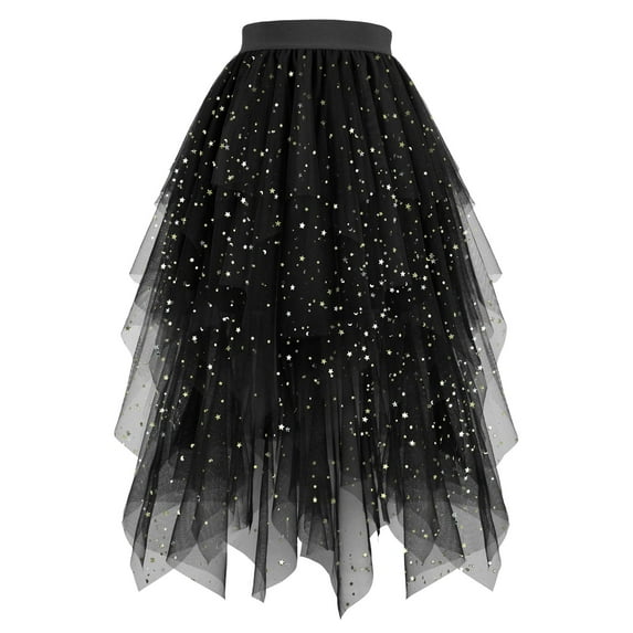 vigerkar Sequin Tulle Skirts for Women Long Sequin Skirt Tutu High Low Skirt Sparkly Layered Elastic Waist A-Line Skirt Black, S