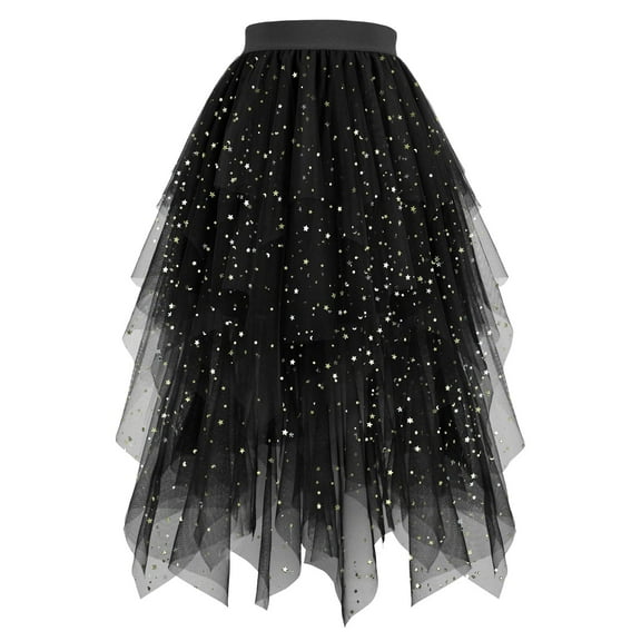 vigerkar Sequin Tulle Skirts for Women Long Sequin Skirt Tutu High Low Skirt Sparkly Layered Elastic Waist A-Line Skirt Black, XXL