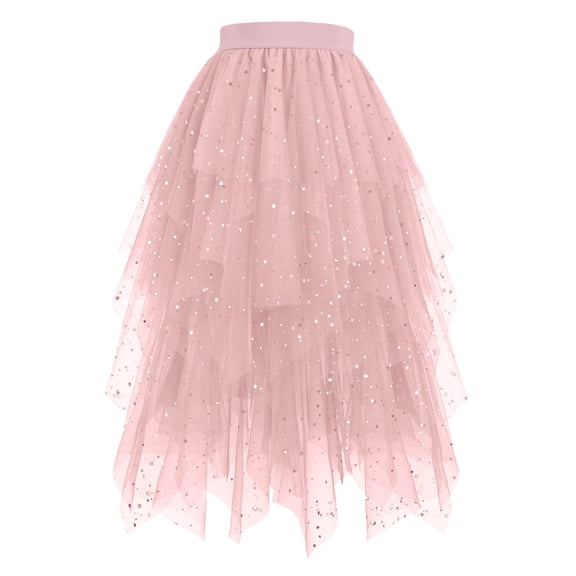 vigerkar Sequin Tulle Skirts for Women Long Sequin Skirt Tutu High Low Skirt Sparkly Layered Elastic Waist A-Line Skirt Pink, S