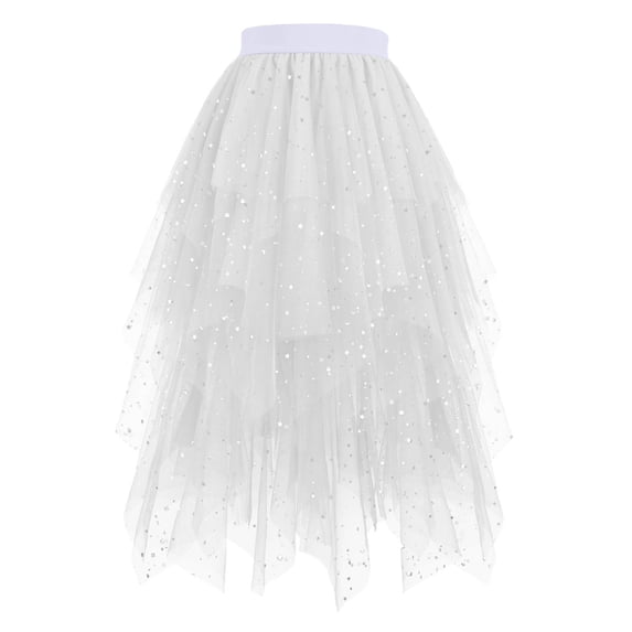 vigerkar Sequin Tulle Skirts for Women Long Sequin Skirt Tutu High Low Skirt Sparkly Layered Elastic Waist A-Line Skirt White, L