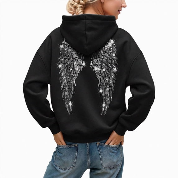 vigerkar Sequin Wings Hoodie Women Long Sleeve Sweatshirt Baggy Drawstring Shirt with Pocket (Black, XL)