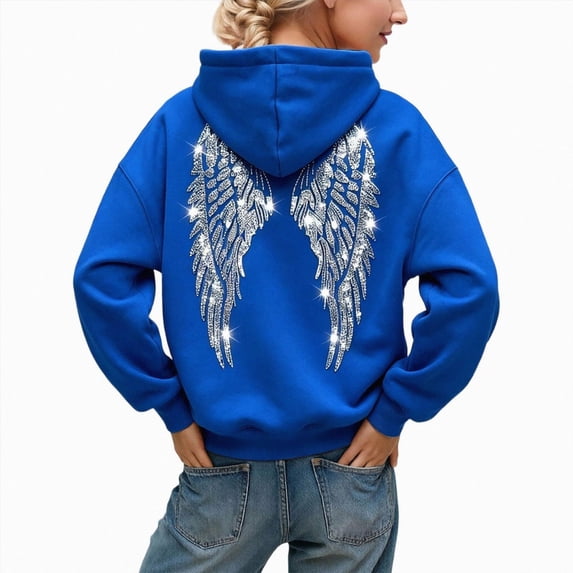 vigerkar Sequin Wings Hoodie Women Long Sleeve Sweatshirt Baggy Drawstring Shirt with Pocket (Blue, 3XL)