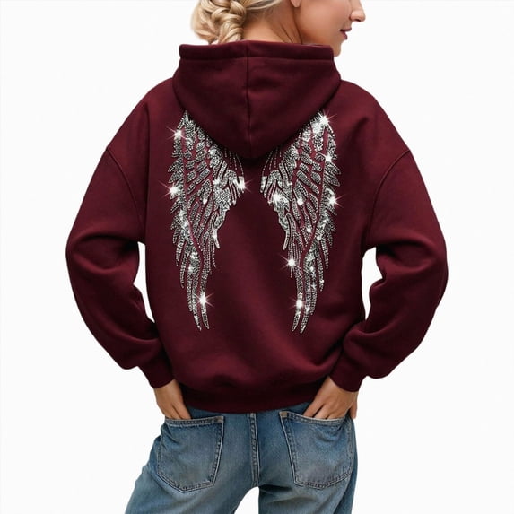 vigerkar Sequin Wings Hoodie Women Long Sleeve Sweatshirt Baggy Drawstring Shirt with Pocket (Wine, 5XL)