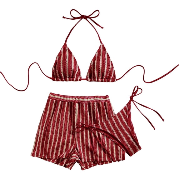 vigerkar Sexy Halter String Striped Triangle Boyshorts Bikini Sets Bathing Suit 3 Piece (Brick Red, S)