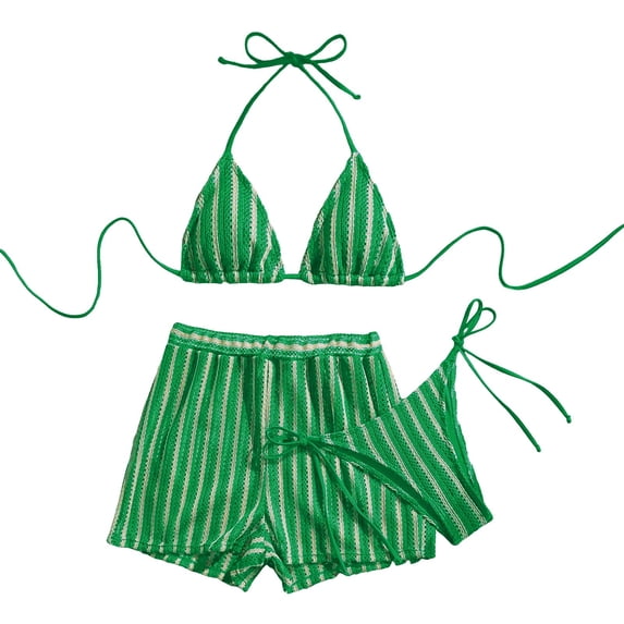 vigerkar Sexy Halter String Striped Triangle Boyshorts Bikini Sets Bathing Suit 3 Piece (Green, L)