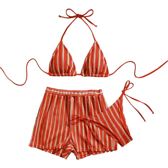 vigerkar Sexy Halter String Striped Triangle Boyshorts Bikini Sets Bathing Suit 3 Piece (Red, S)