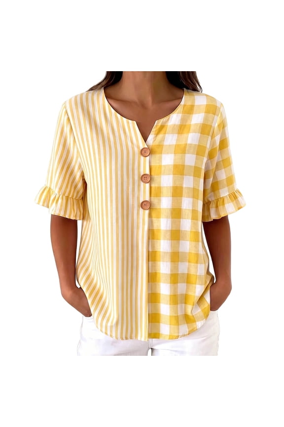 Shirts Short Sleeve Tops Women Plaid Striped Notch V Neck Button Henley Ruffle Summer Casual Going Out (Yellow, L)