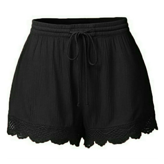 vigerkar Shorts for Women Trendy Casual Stretch Lace Trim Summer Beach Ruffle Shorts Plus Size Elastic Waist Yoga Lounge Shorts Black, S