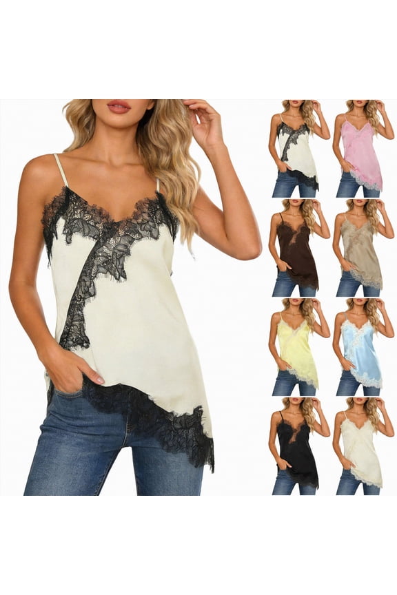 Silk Lace Trim Camisole Tops for Women Satin Asymmetrical Tank Top Backless Lace Patchwork Cami Going Out (Blue, L)