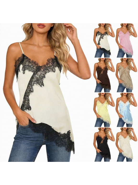 Silk Lace Trim Camisole Tops for Women Satin Asymmetrical Tank Top Backless Lace Patchwork Cami Going Out (Dark Gray, S)
