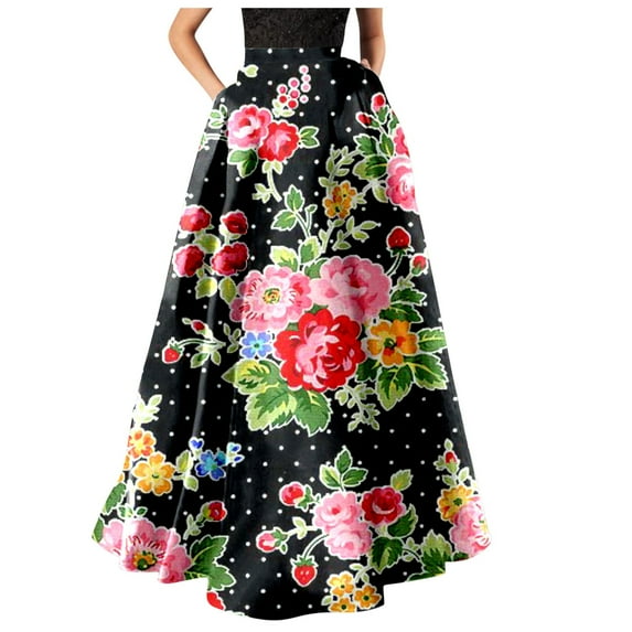 vigerkar Skirts for Women Elastic High Waisted Ruffle Hem Floral Boho Long Maxi Skirts Vacation Beach Outfits Black, XXL