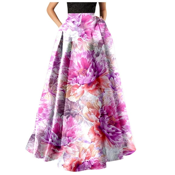 vigerkar Skirts for Women Elastic High Waisted Ruffle Hem Floral Boho Long Maxi Skirts Vacation Beach Outfits Purple, L