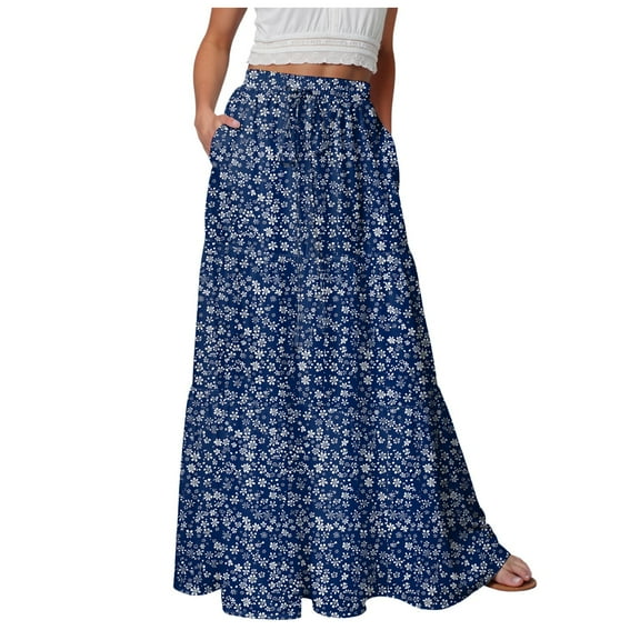 vigerkar Skirts for Women Summer Casual A Line Drawstring Low Waist Long Flowy Maxi Trendy Vacation Skirt 2025 Blue, S