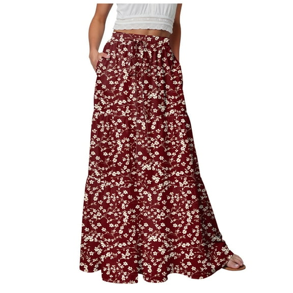 vigerkar Skirts for Women Summer Casual A Line Drawstring Low Waist Long Flowy Maxi Trendy Vacation Skirt 2025 Brick Red, XL