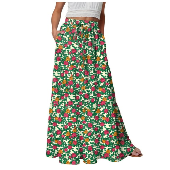 vigerkar Skirts for Women Summer Casual A Line Drawstring Low Waist Long Flowy Maxi Trendy Vacation Skirt 2025 Dark Green, XXL