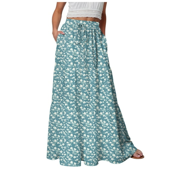 vigerkar Skirts for Women Summer Casual A Line Drawstring Low Waist Long Flowy Maxi Trendy Vacation Skirt 2025 Sky Blue, XXL