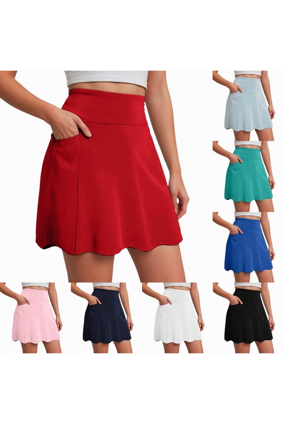 Skorts for Woman with Pockets Golf Athletic Skirts Scalloped Hem Tennis Skirt Dressy Casual (Red, L)